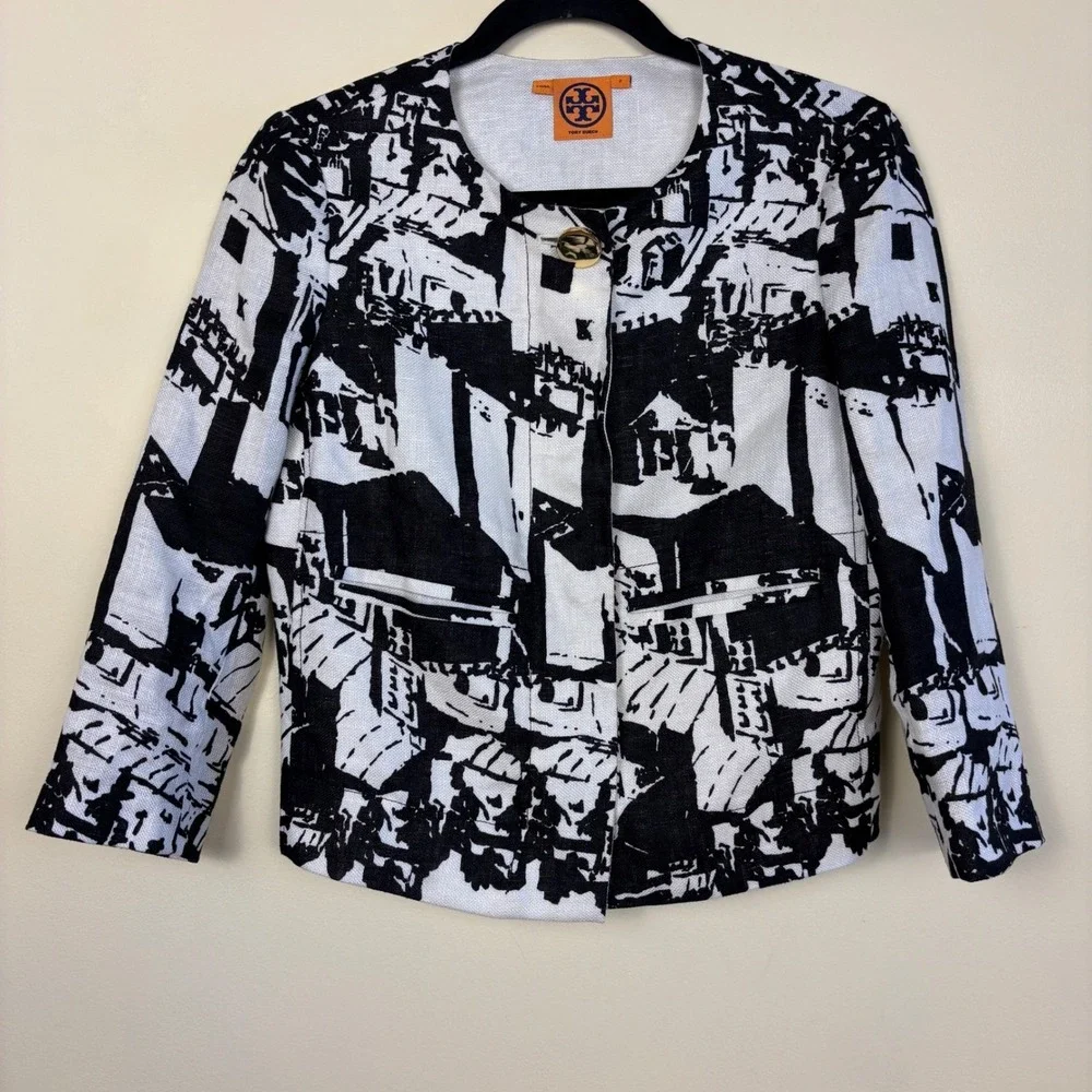 TORY BURCH‎ 100% Linen Jacquard Jacket Black/White Women Size 2 Front Zip Casual